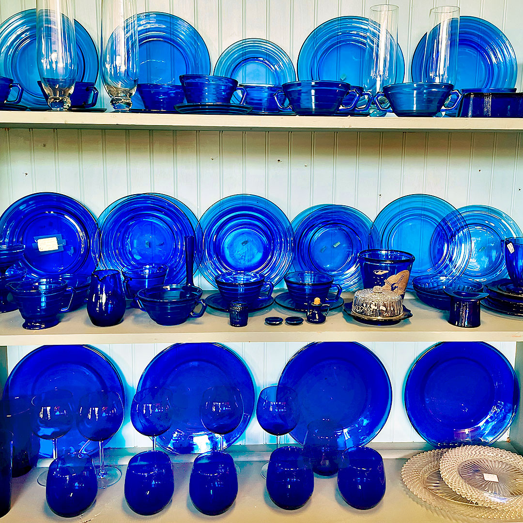 Display of Cobalt Blue Glass Dishes